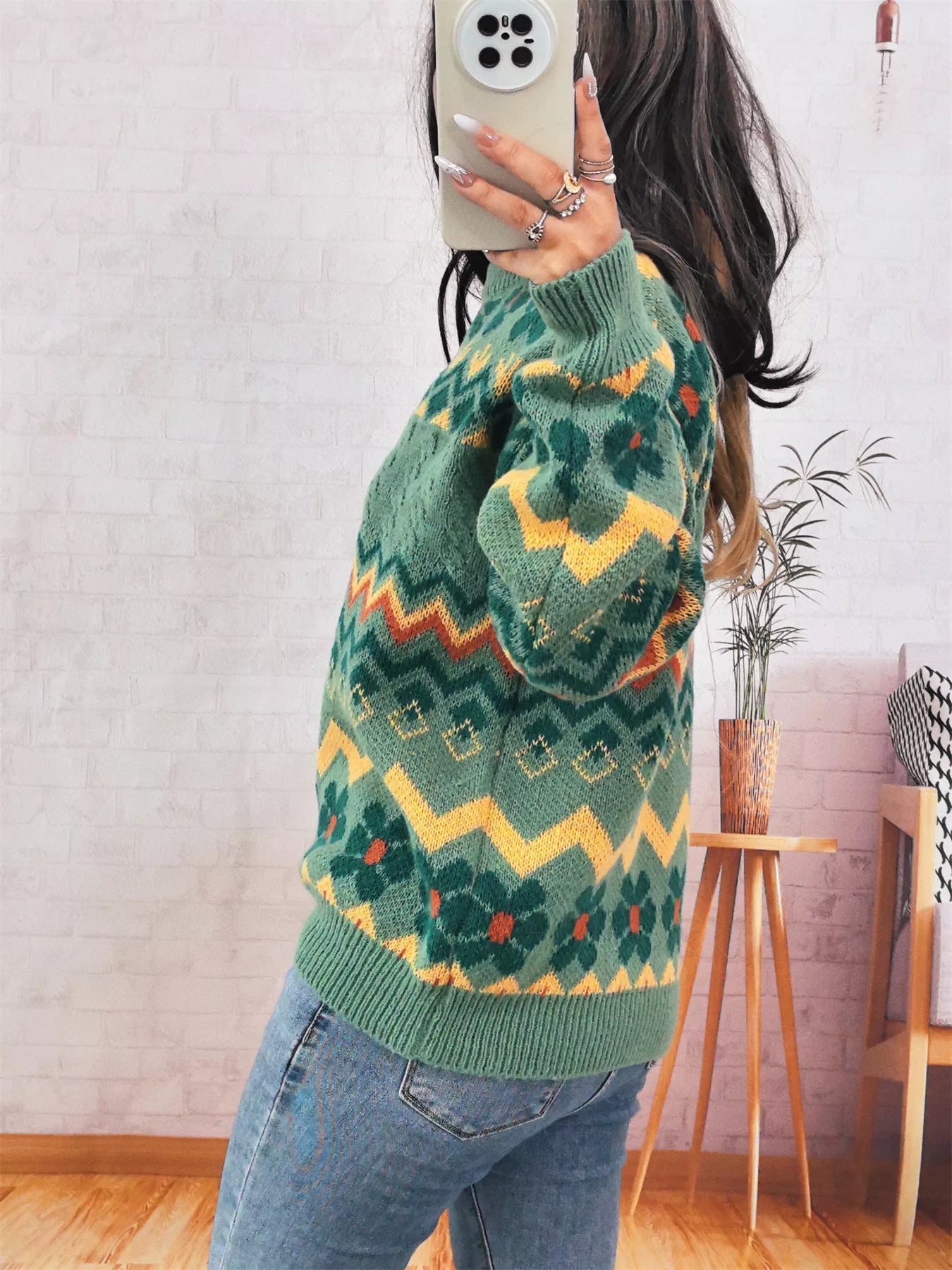 Geometric Round Neck Long Sleeve Sweater OutfitFlow