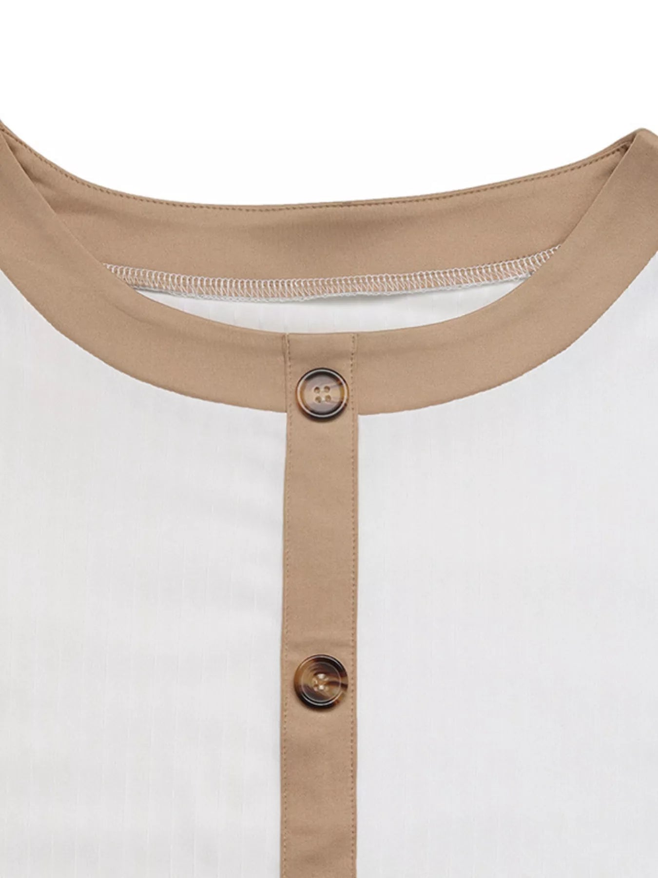 Decor Button Round Neck Short Sleeve Blouse OutfitFlow