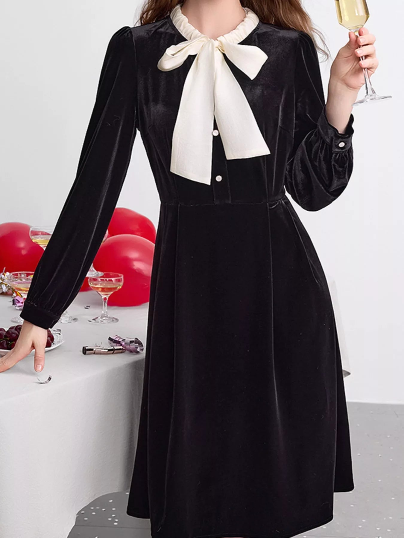 Velvet Bowknot Long Sleeve A-Line Dress OutfitFlow