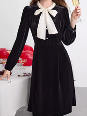 Velvet Bowknot Long Sleeve A-Line Dress OutfitFlow