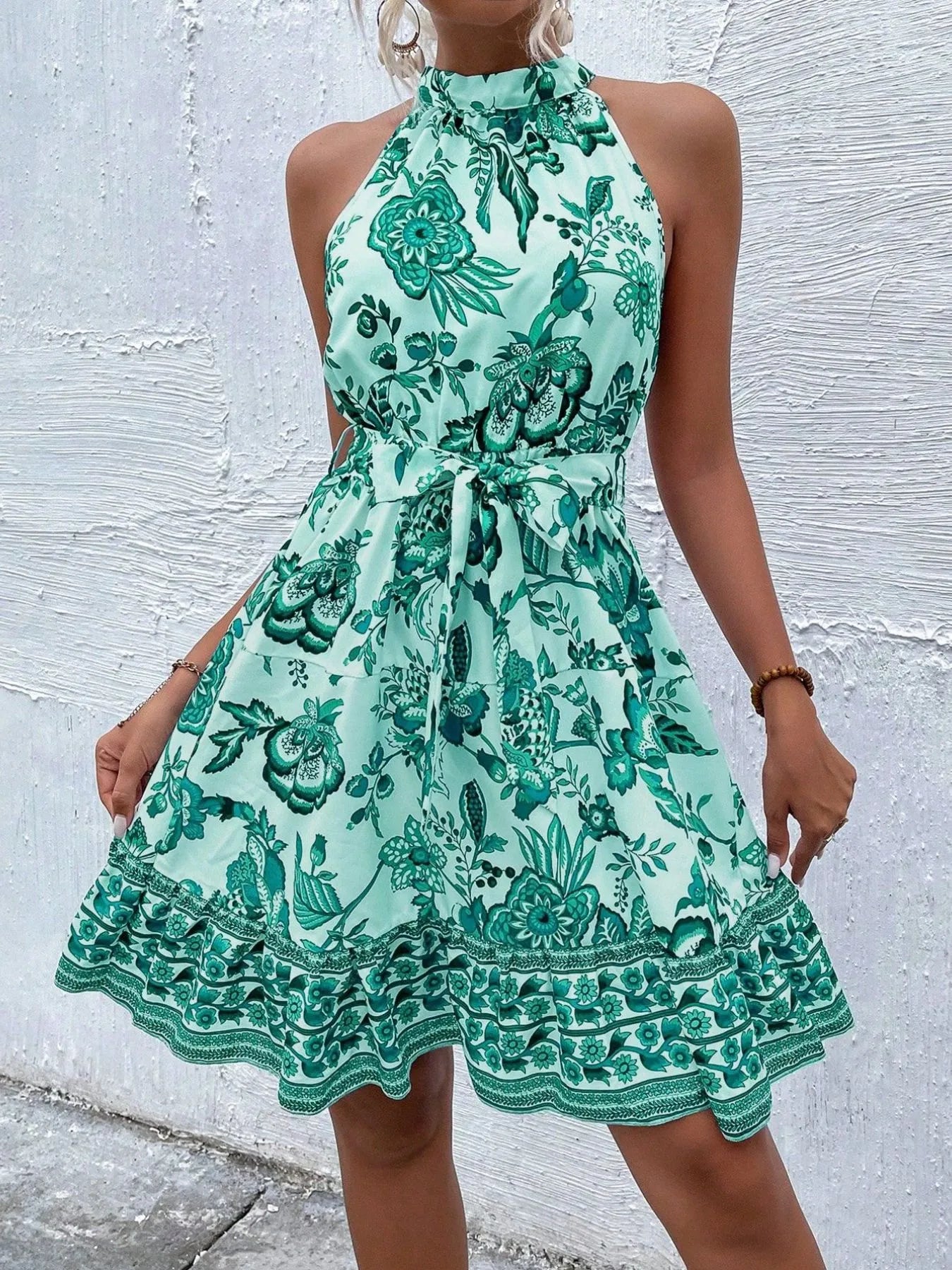 Floral Halter Neck Summer Dress with Belt OutfitFlow
