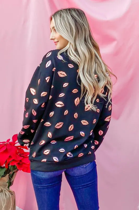 And The Why Kiss Pink Foil Allover Print Pullover Sweatshirts OutfitFlow