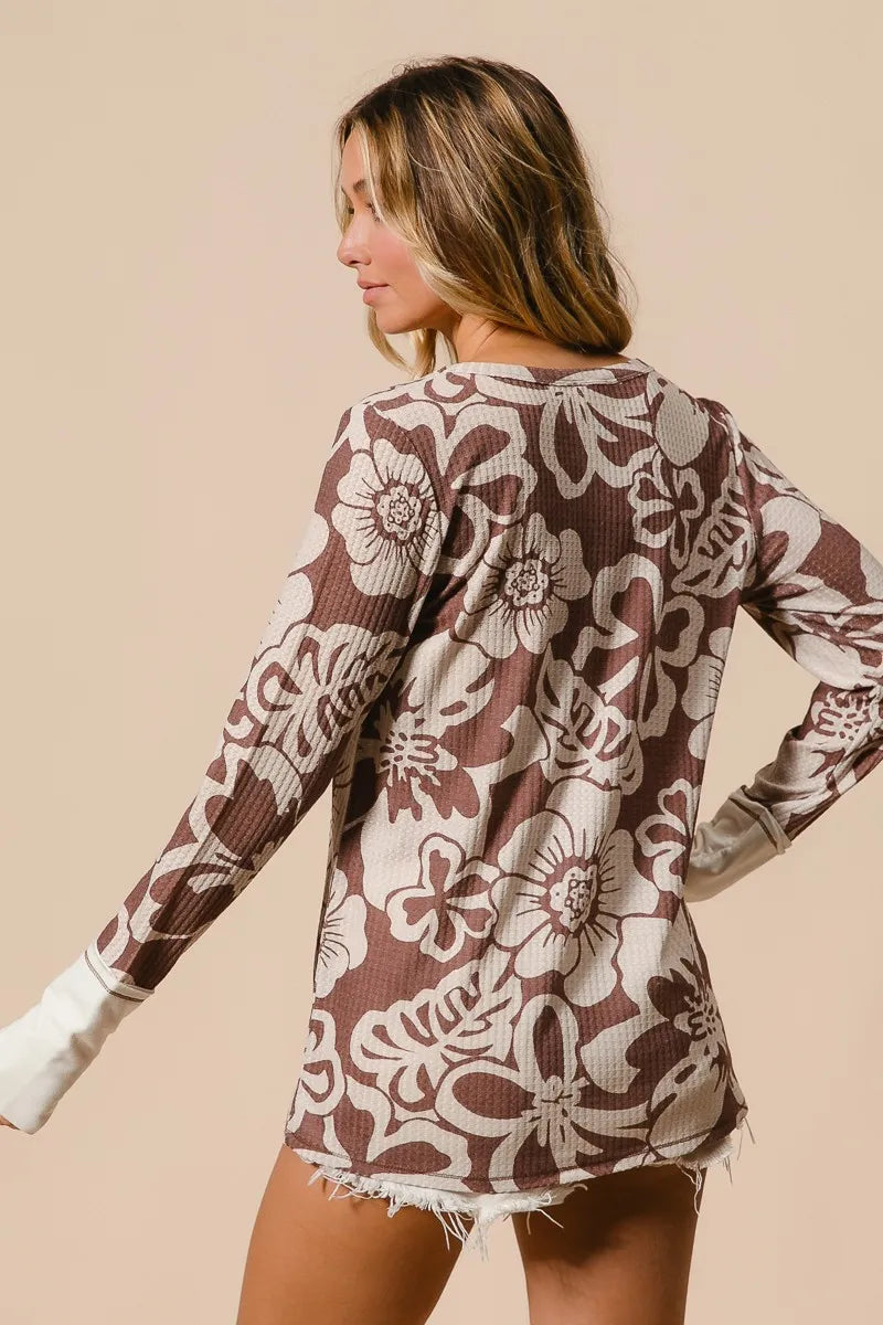 BiBi Flower Printed Waffle Thumb Opening Top OutfitFlow