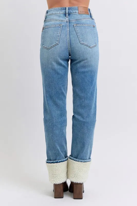Judy Blue Full Size High Waist Shearling Cuff Straight Plus Size OutfitFlow