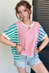 Color Block Striped Batwing Sleeve T-Shirt OutfitFlow