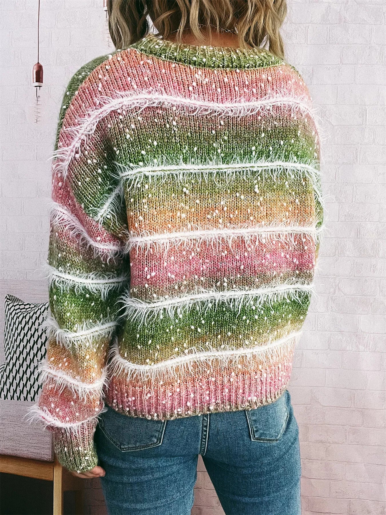Gradient Striped Round Neck Sweater OutfitFlow