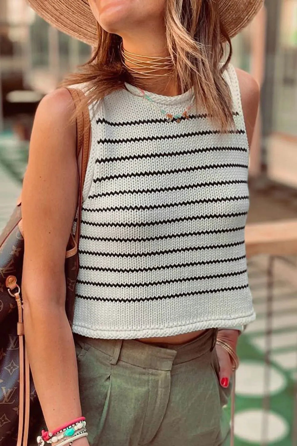 Striped Round Neck Knit Tank OutfitFlow