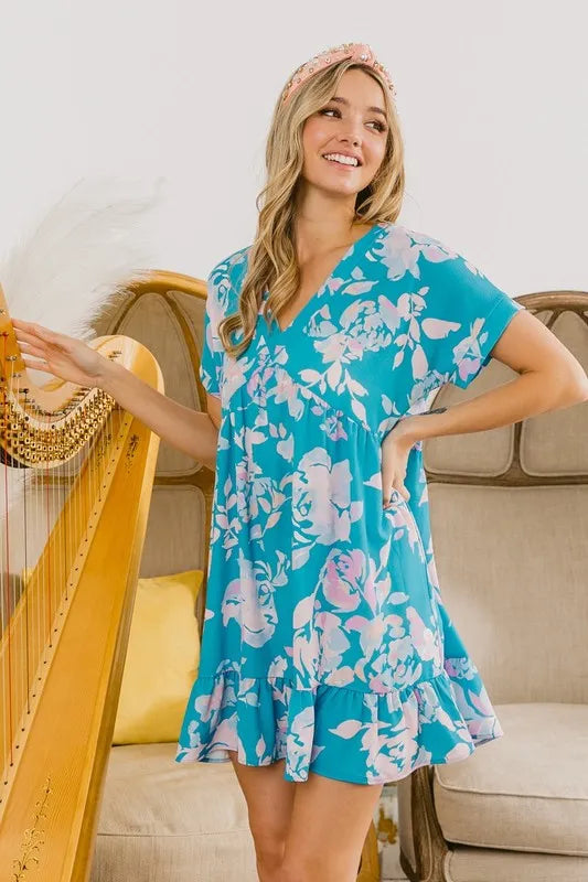 BiBi Floral Crinkle Shirred Ruffle Detail V Neck Dress OutfitFlow