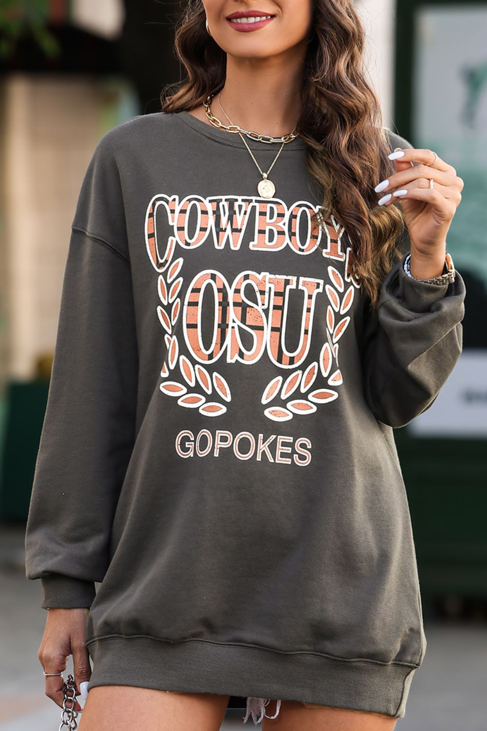 Outfit Flow - Letter Graphic Round Neck Long Sleeve Sweatshirt