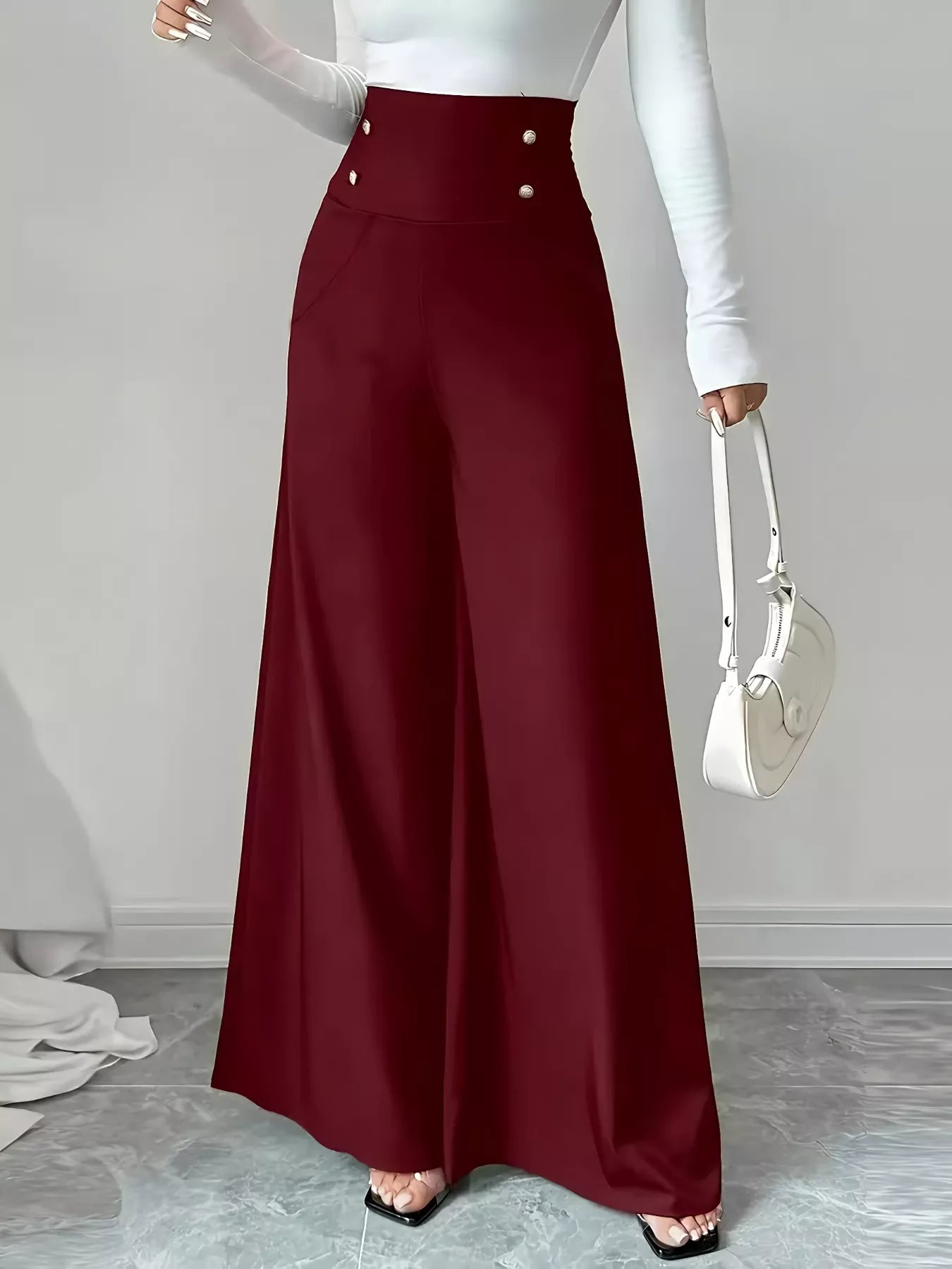 High Waist Wide Leg Button Decor Pants Burgundy OutfitFlow