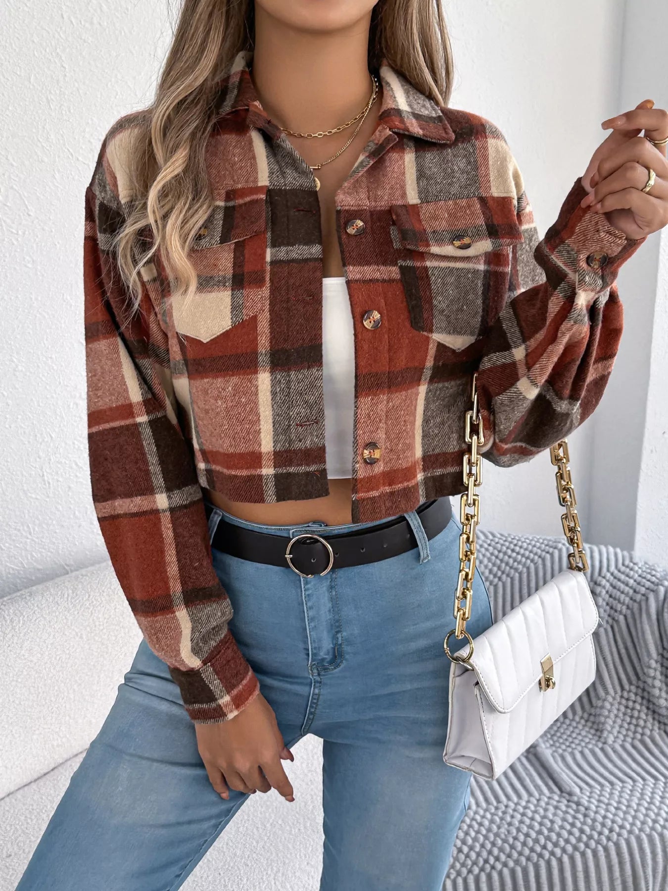 Plaid Button Up Cropped Jacket Trendsi