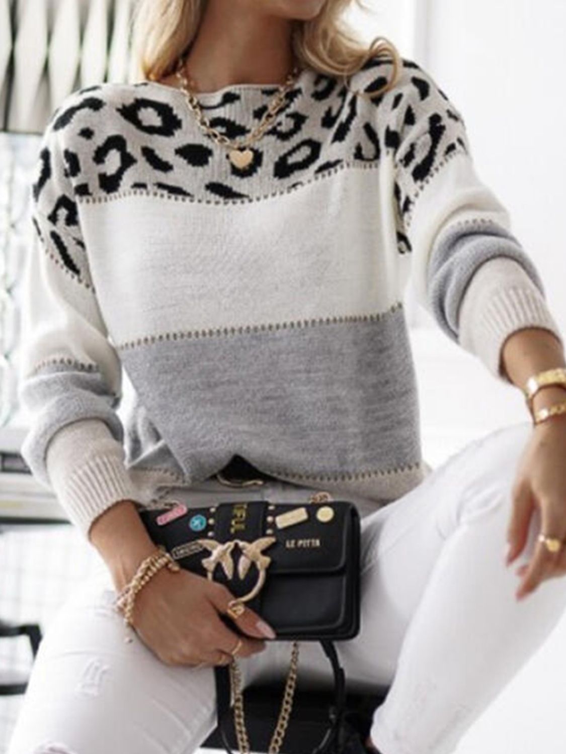 Outfit Flow - Leopard Color Block Round Neck Long Sleeve Sweater