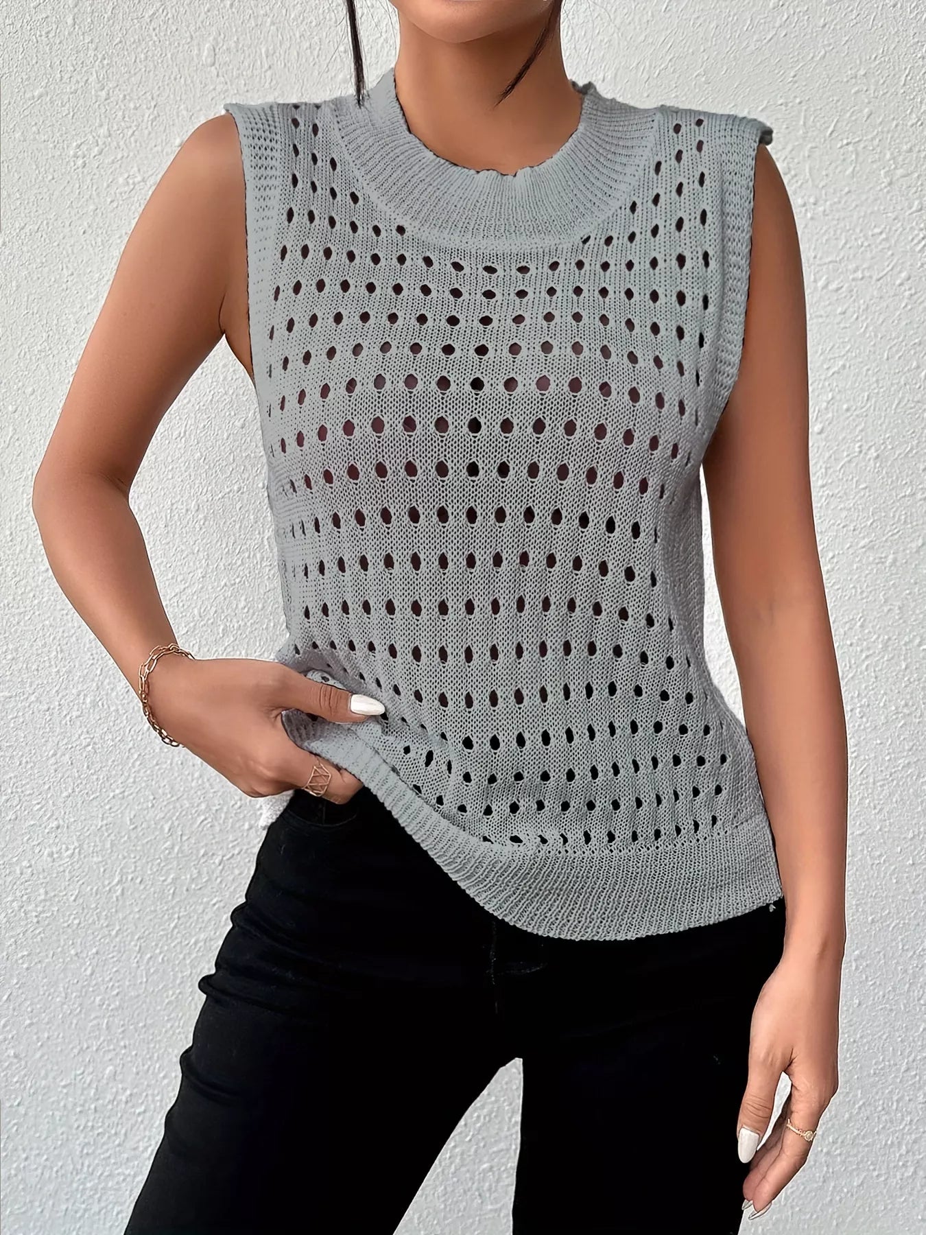 Hollow Out Round Neck Knit Tank OutfitFlow