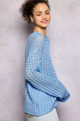 POL Openwork Round Neck Knit Top with Shiny Detail OutfitFlow