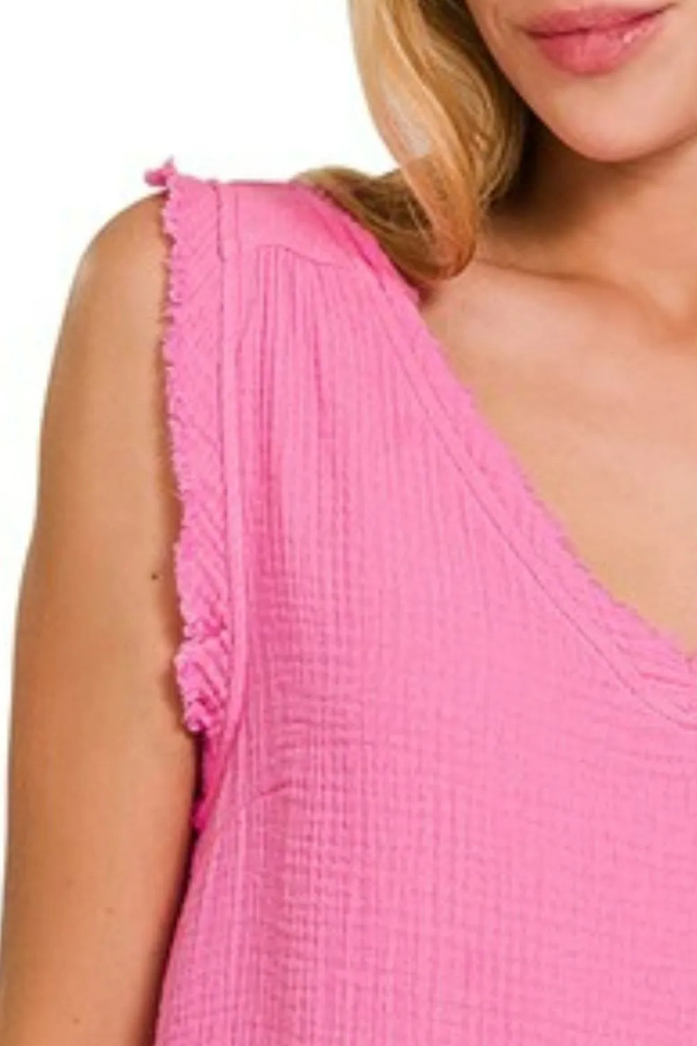 Zenana Double Gauze Raw Edge V-Neck Tank OutfitFlow