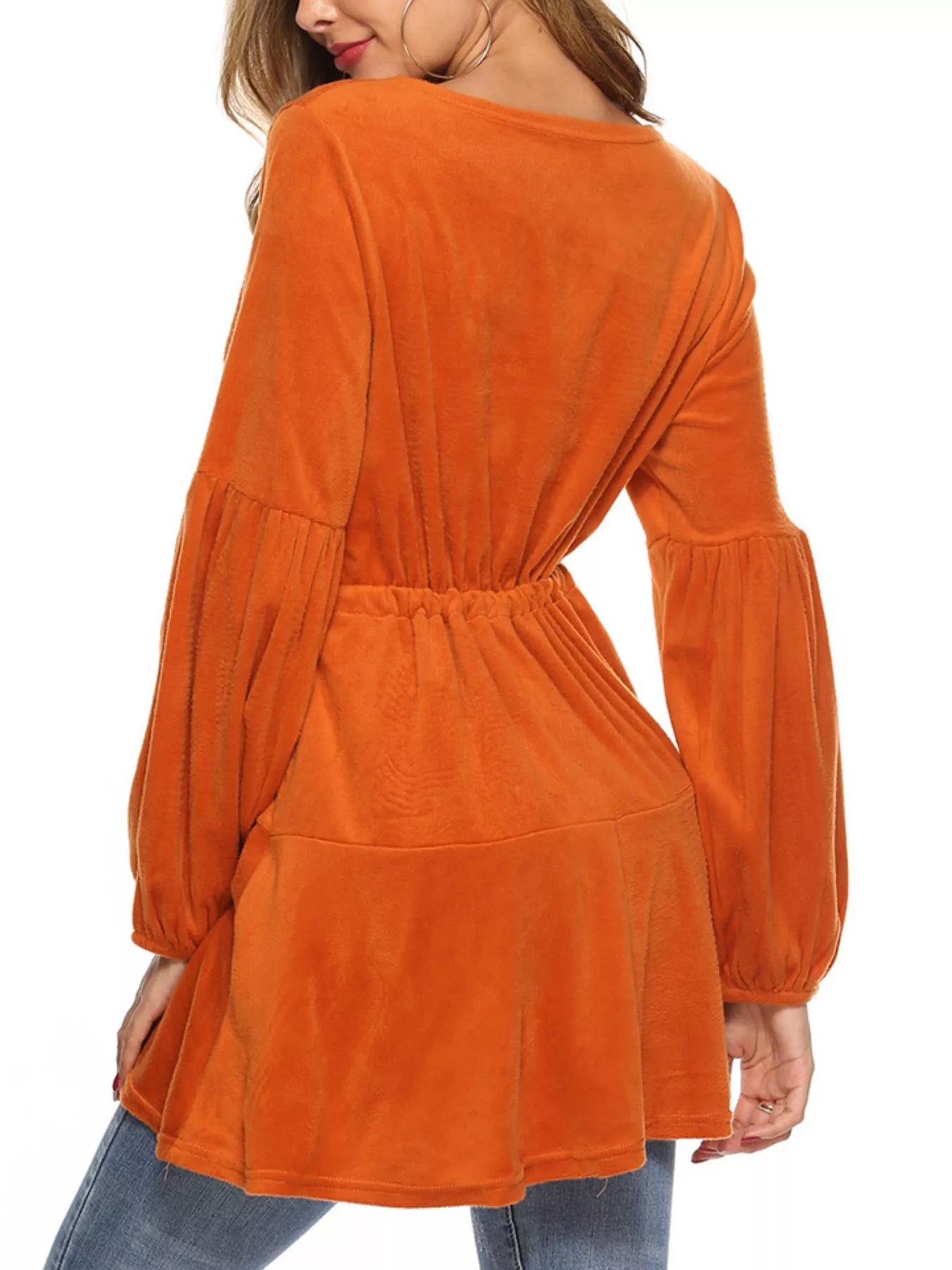 Velvet Long Sleeve Drawstring Blouse Trendsi