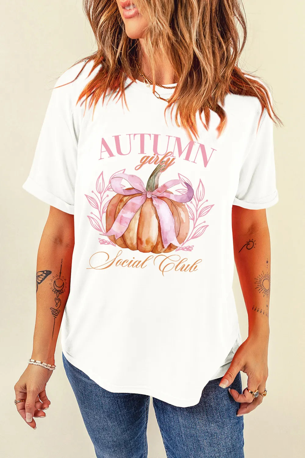Pumpkin Graphic Round Neck Short Sleeve T-Shirt White OutfitFlow