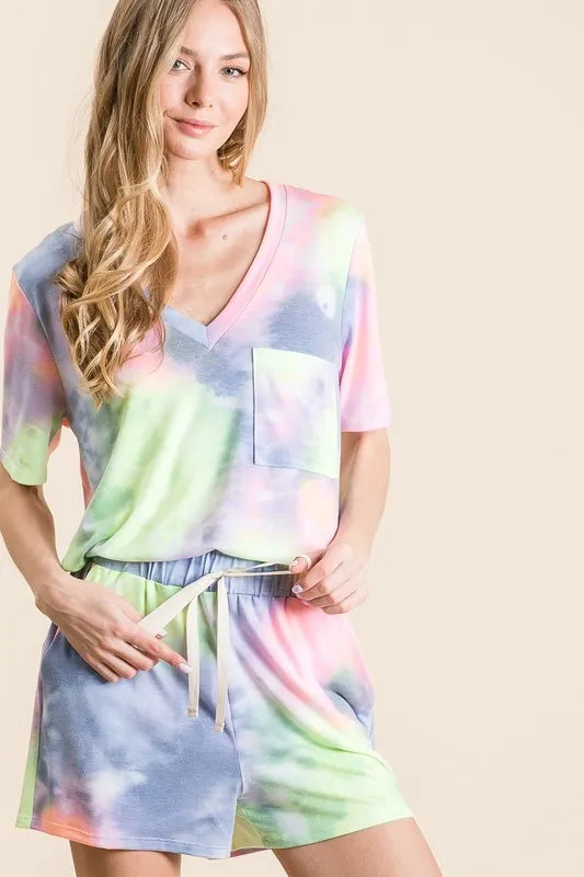 BiBi Tie Dye Casual Shorts with Twill Tape Drawstring OutfitFlow