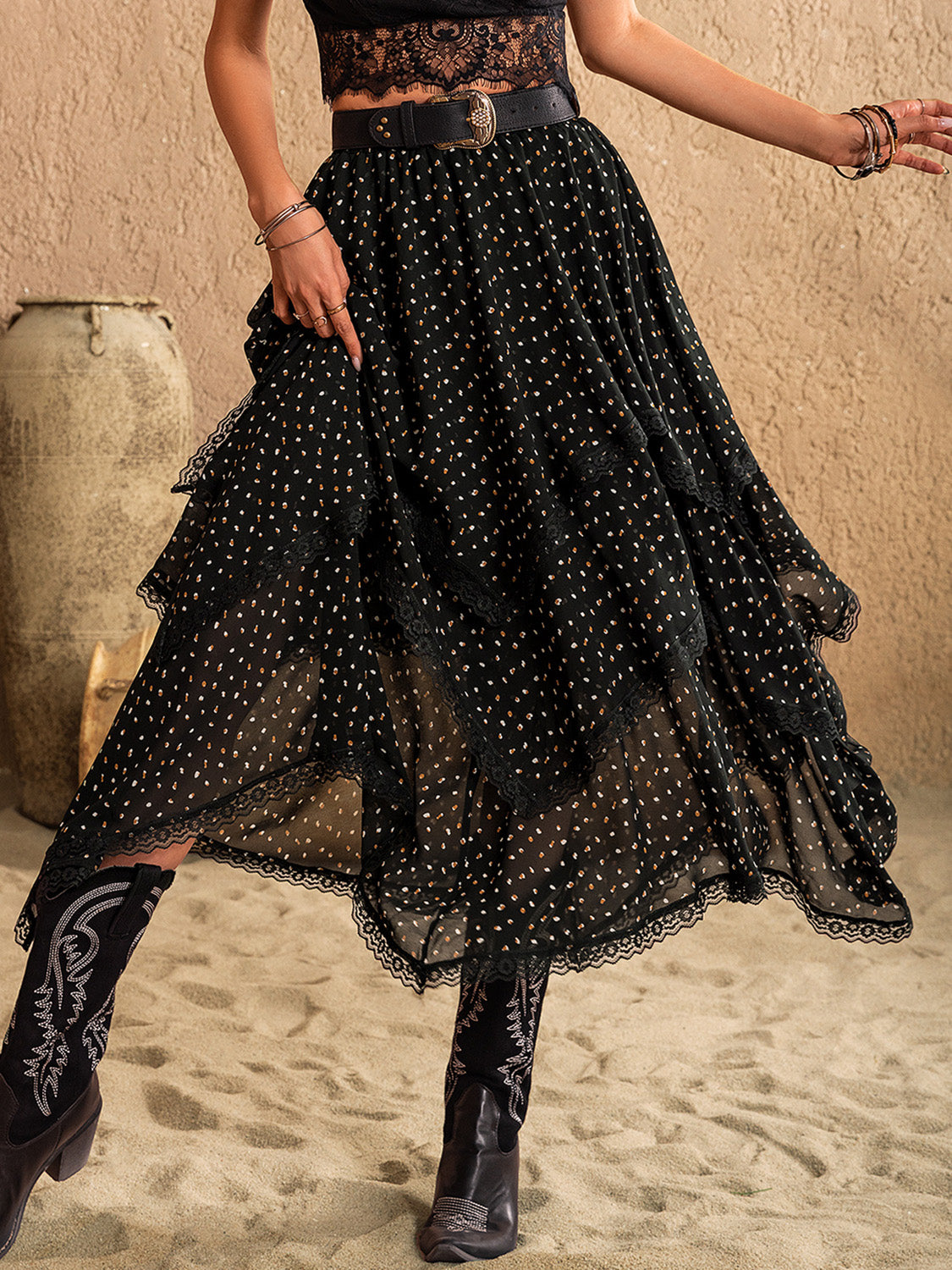 Lace Detail Layered Midi Skirt Black OutfitFlow