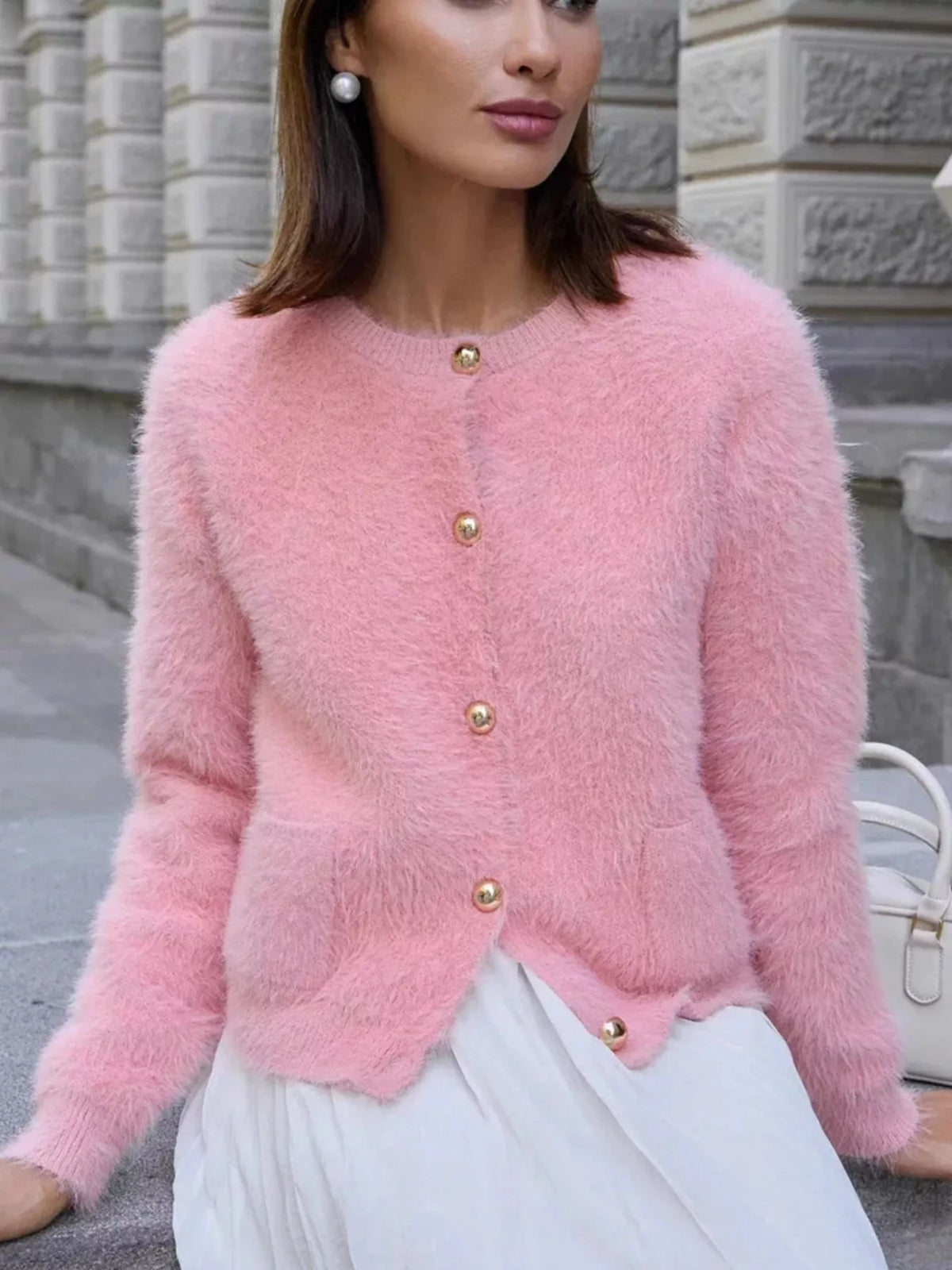 Fluffy Knit Button Up Cardigan Blush Pink OutfitFlow