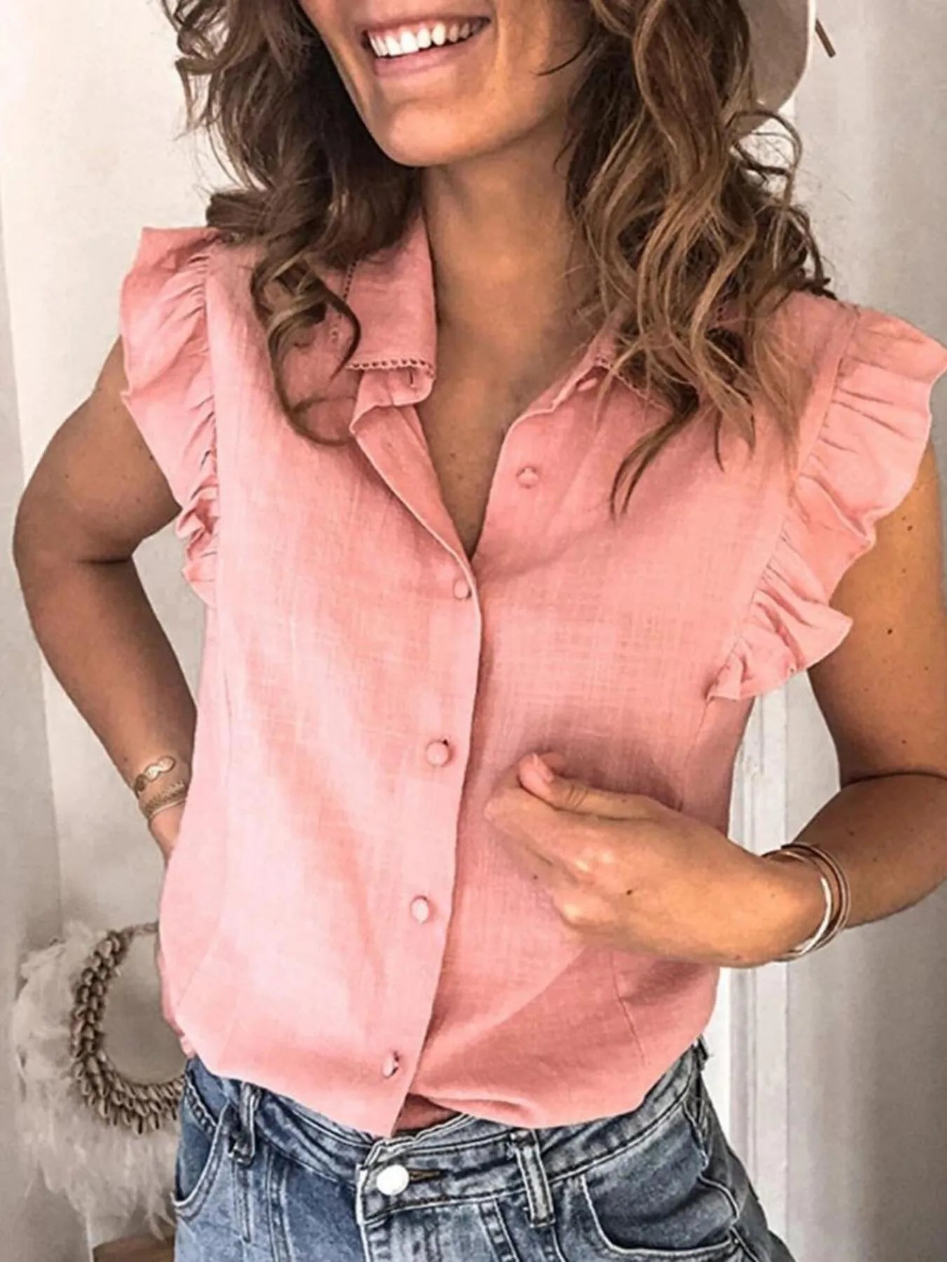 Ruffle Sleeve Button-Up Shirt OutfitFlow