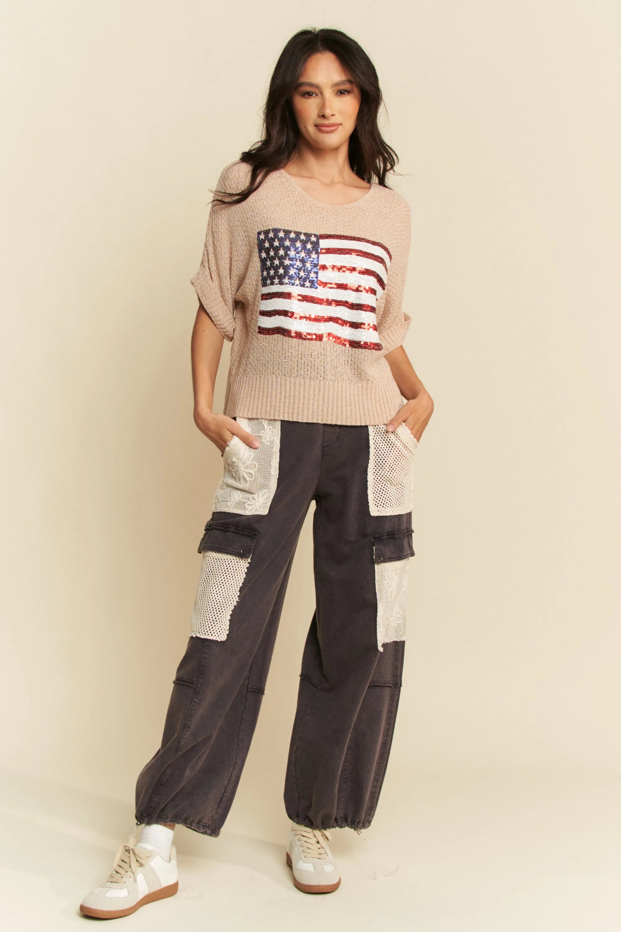 Davi & Dani Sequin American Flag Patch Short Sleeve Knit Top OutfitFlow