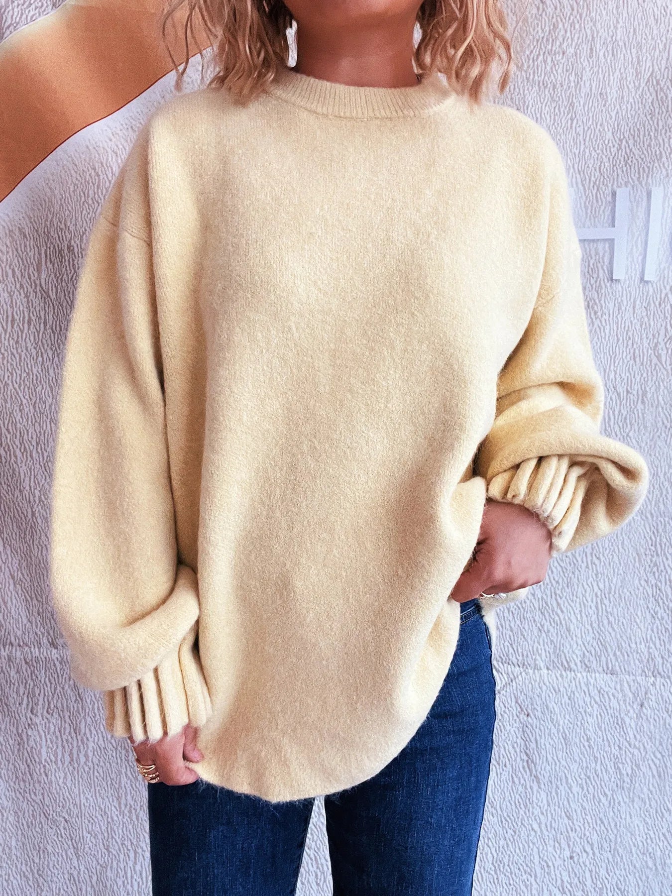 Round Neck Dropped Shoulder Sweater Yellow One Size OutfitFlow