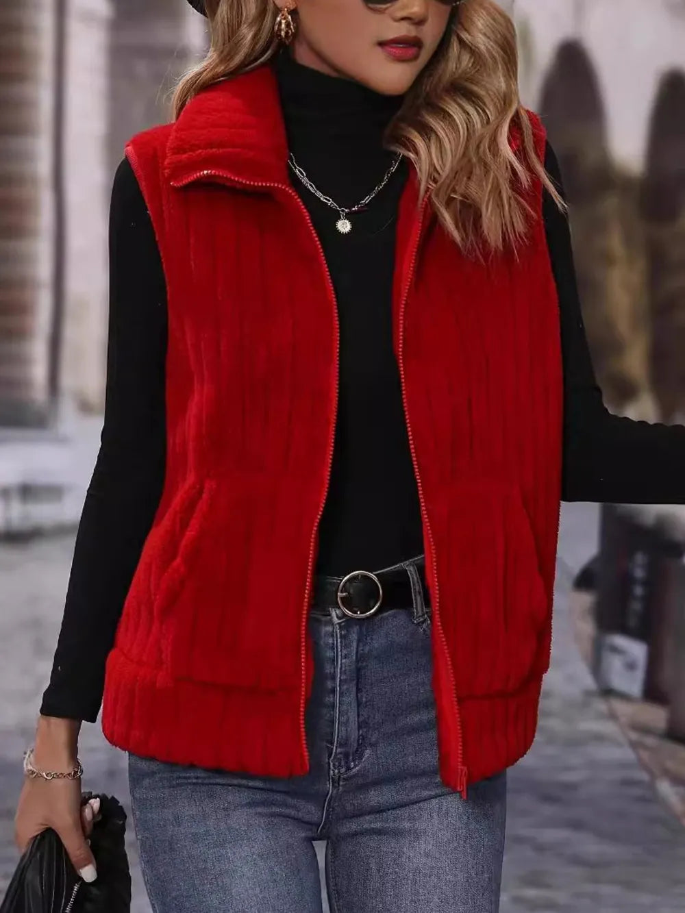 Pocketed Zip Up Vest Coat OutfitFlow