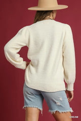 Umgee Textured Long Sleeve Sweater with Ribbed Trim Trendsi