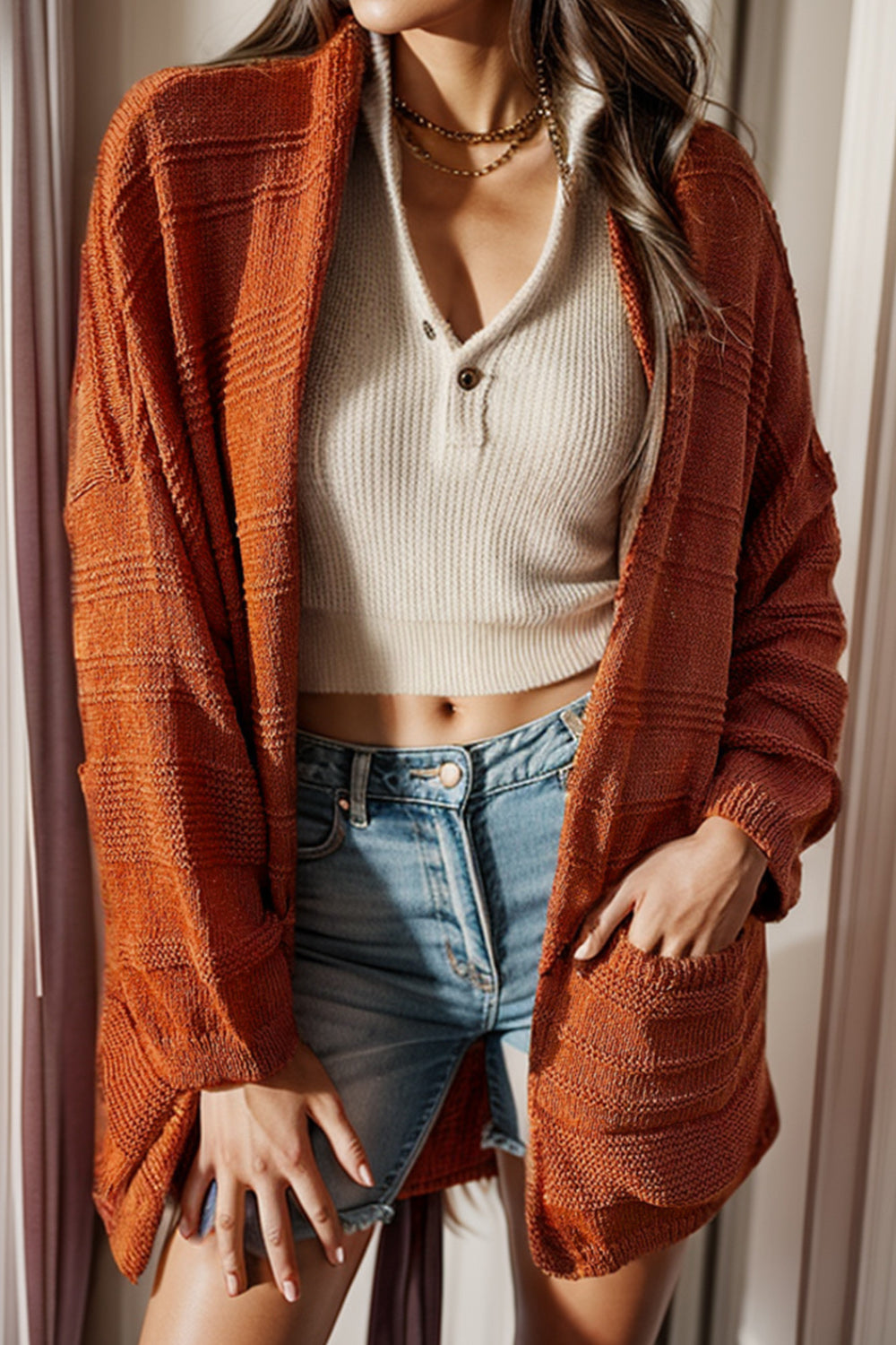 Outfit Flow - Open Front Textured Cardigan with Pockets