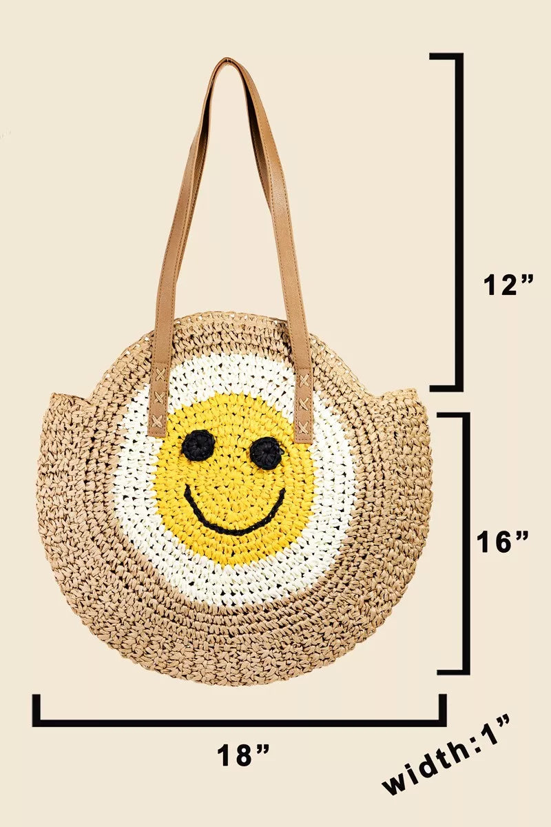 Fame Straw Braided Round Happy Face Tote Bag OutfitFlow