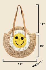 Fame Straw Braided Round Happy Face Tote Bag OutfitFlow