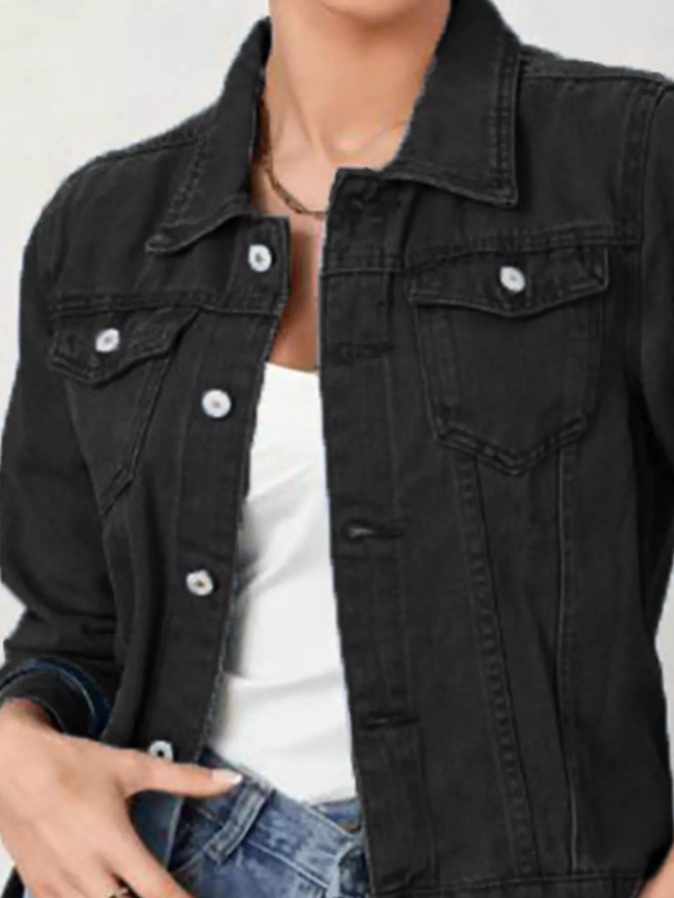 Button Up Long Sleeve Denim Jacket OutfitFlow