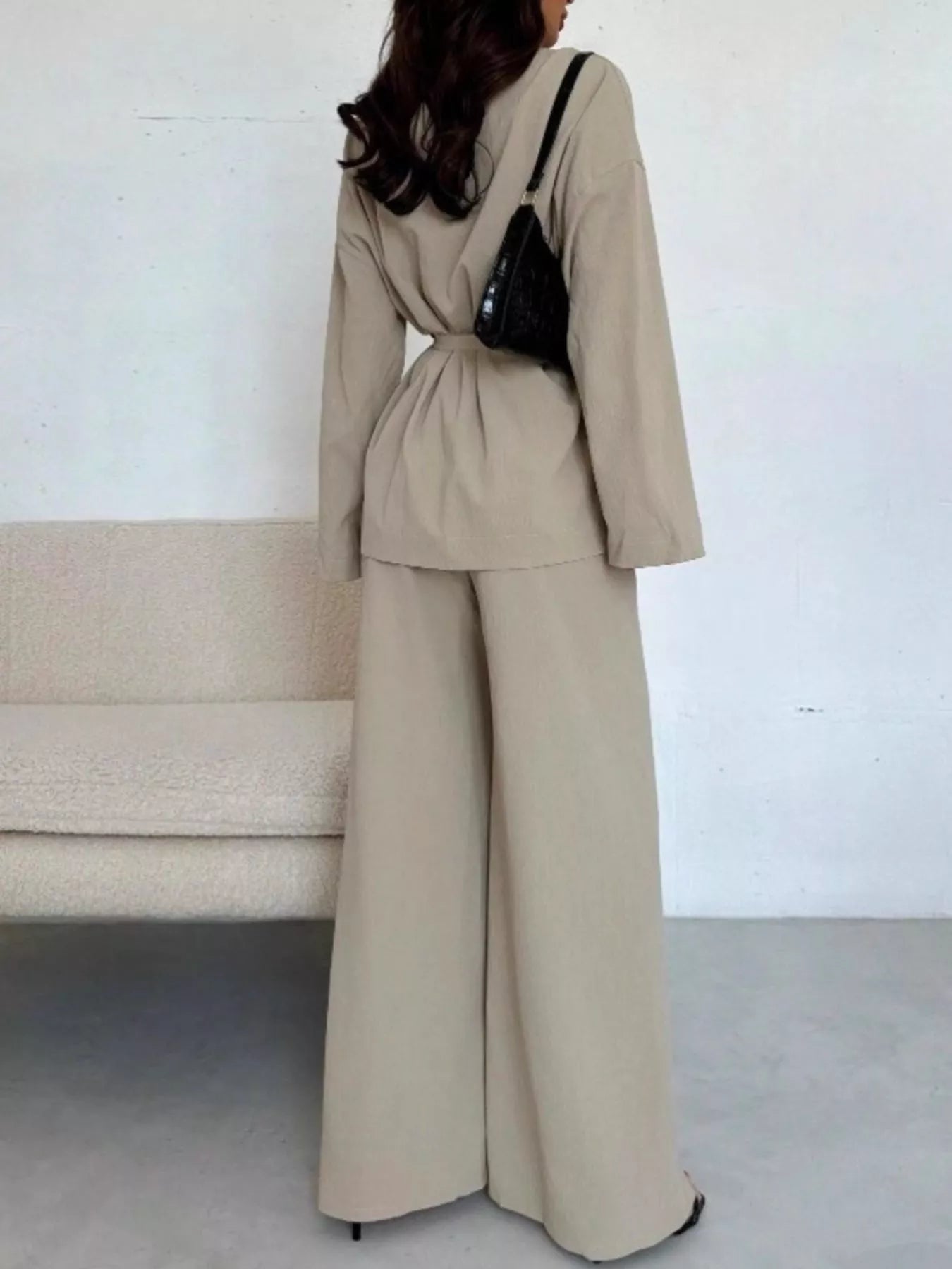 Front Tied Shirt and Wide-Leg Pants Set OutfitFlow