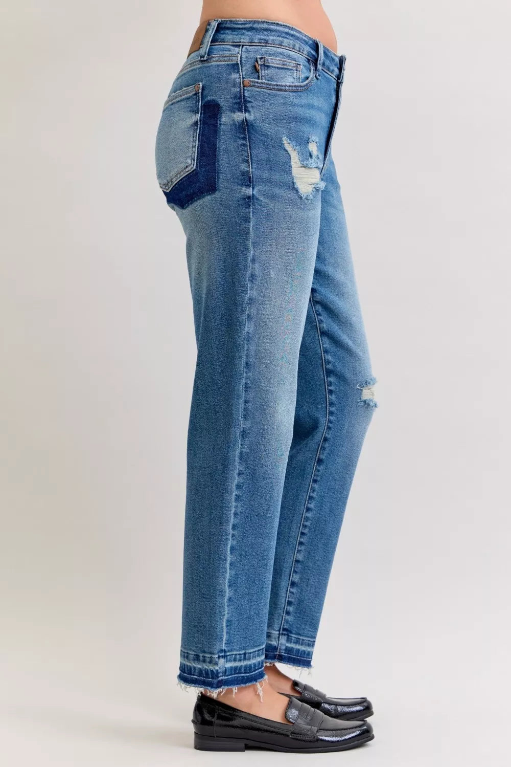 Judy Blue Full Size Mid Rise Bf Patch & Repair Destroy Release Hem Jeans Plus Size OutfitFlow