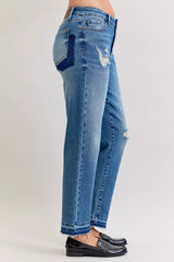 Judy Blue Full Size Mid Rise Bf Patch & Repair Destroy Release Hem Jeans Plus Size OutfitFlow
