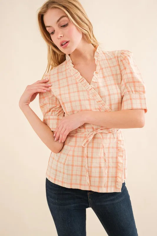 And The Why Plaid Patterned and Ruffled Wrap Blouse Top OutfitFlow