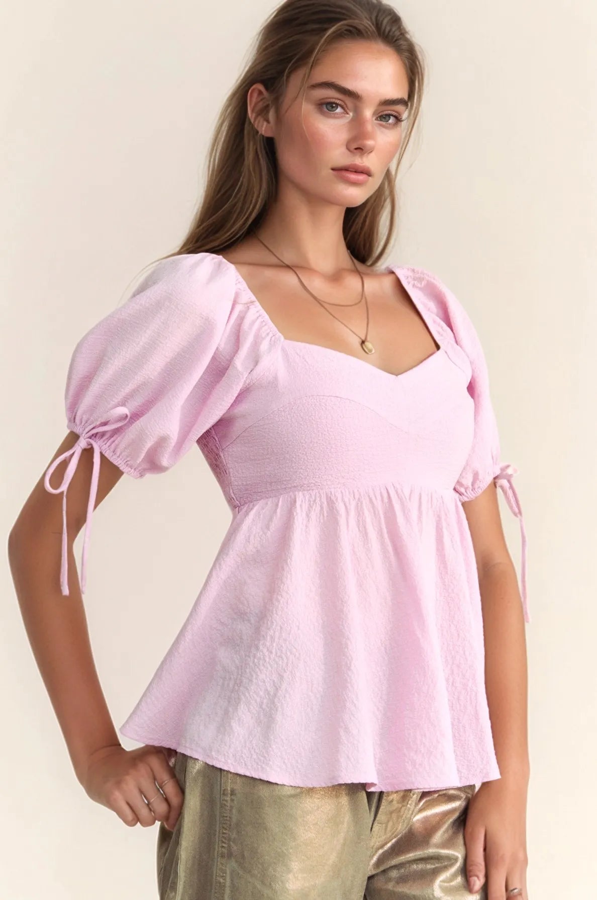 Davi & Dani Solid Elastic Peplum Puffed Sleeves Blouse OutfitFlow