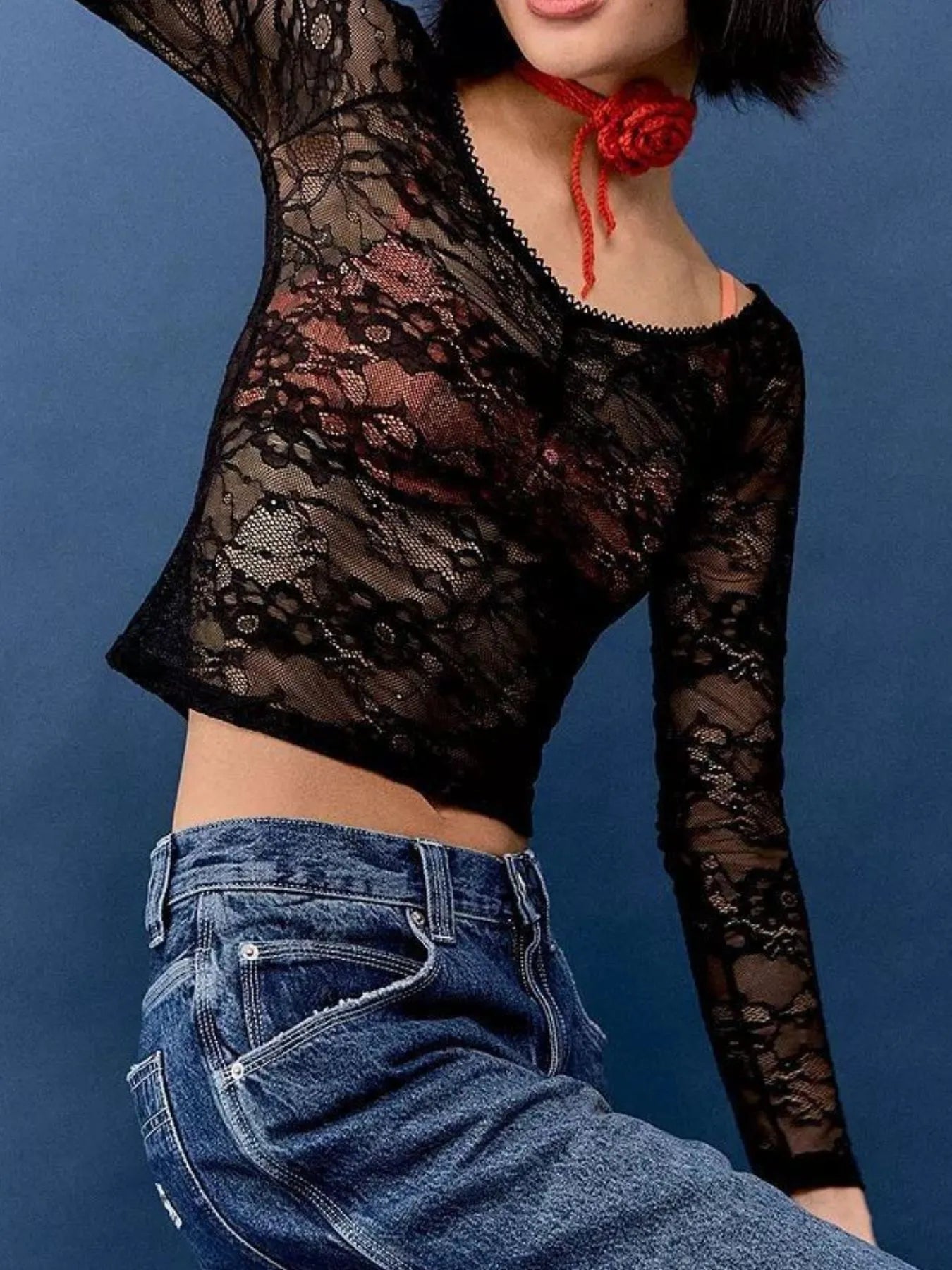 Lace Sheer Long Sleeve T-Shirt OutfitFlow