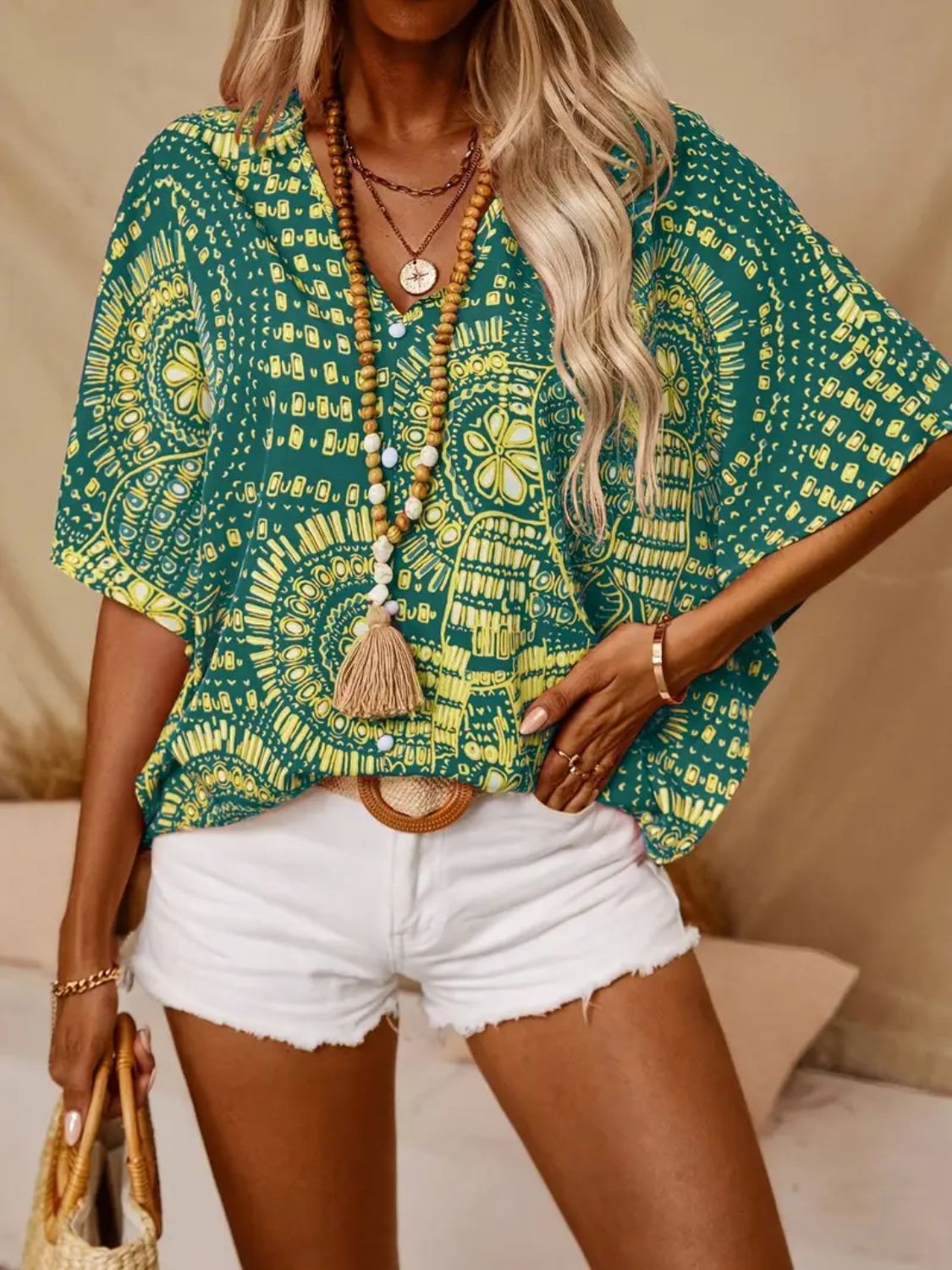 Printed V-Neck Half Sleeve Top Green OutfitFlow
