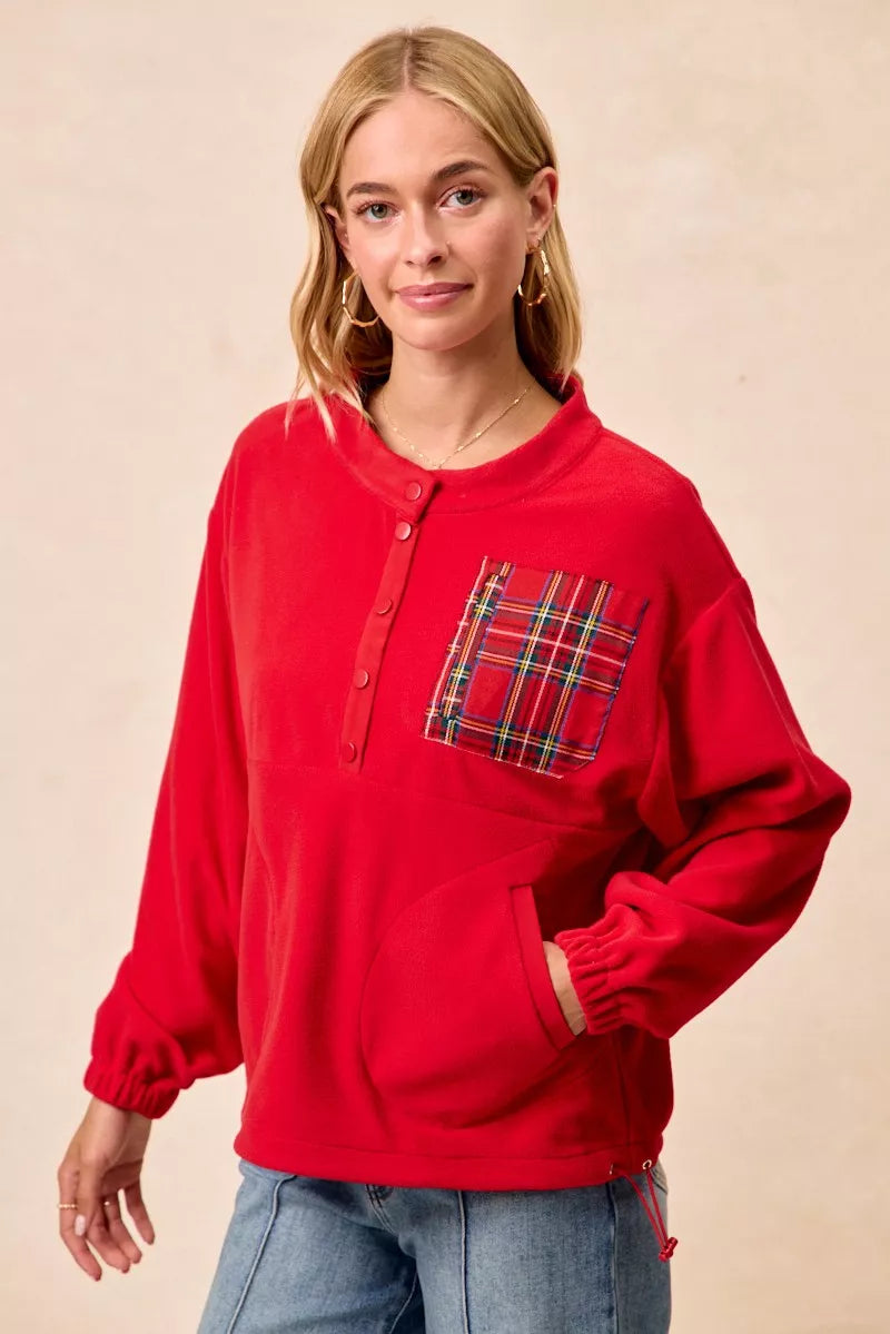 BiBi Christmas Theme Fleece Buttoned Top with Pockets OutfitFlow