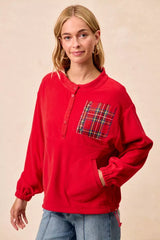 BiBi Christmas Theme Fleece Buttoned Top with Pockets OutfitFlow