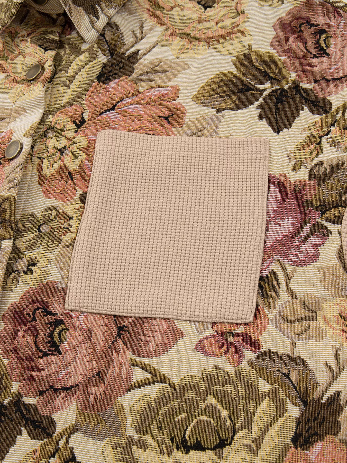 Floral Waffle Knit Patchwork Chest Pockets Buttoned Jacket OutfitFlow