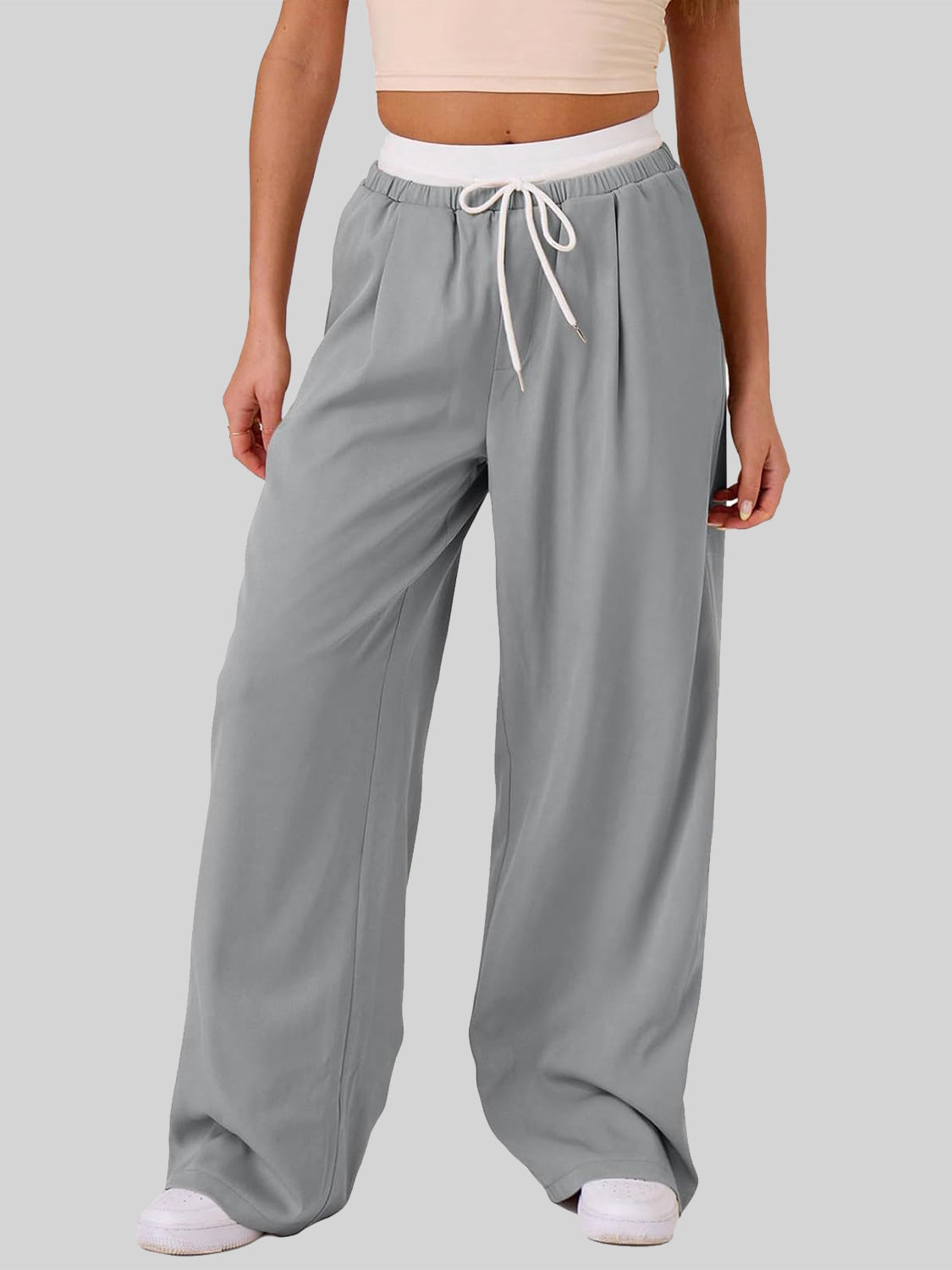 Outfit Flow - Contrast Waistband Drawstring Wide Leg Pants