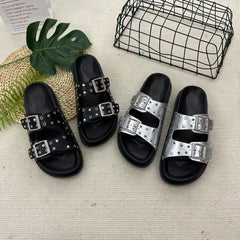 Double Buckle Open Toe Flat Sandals OutfitFlow