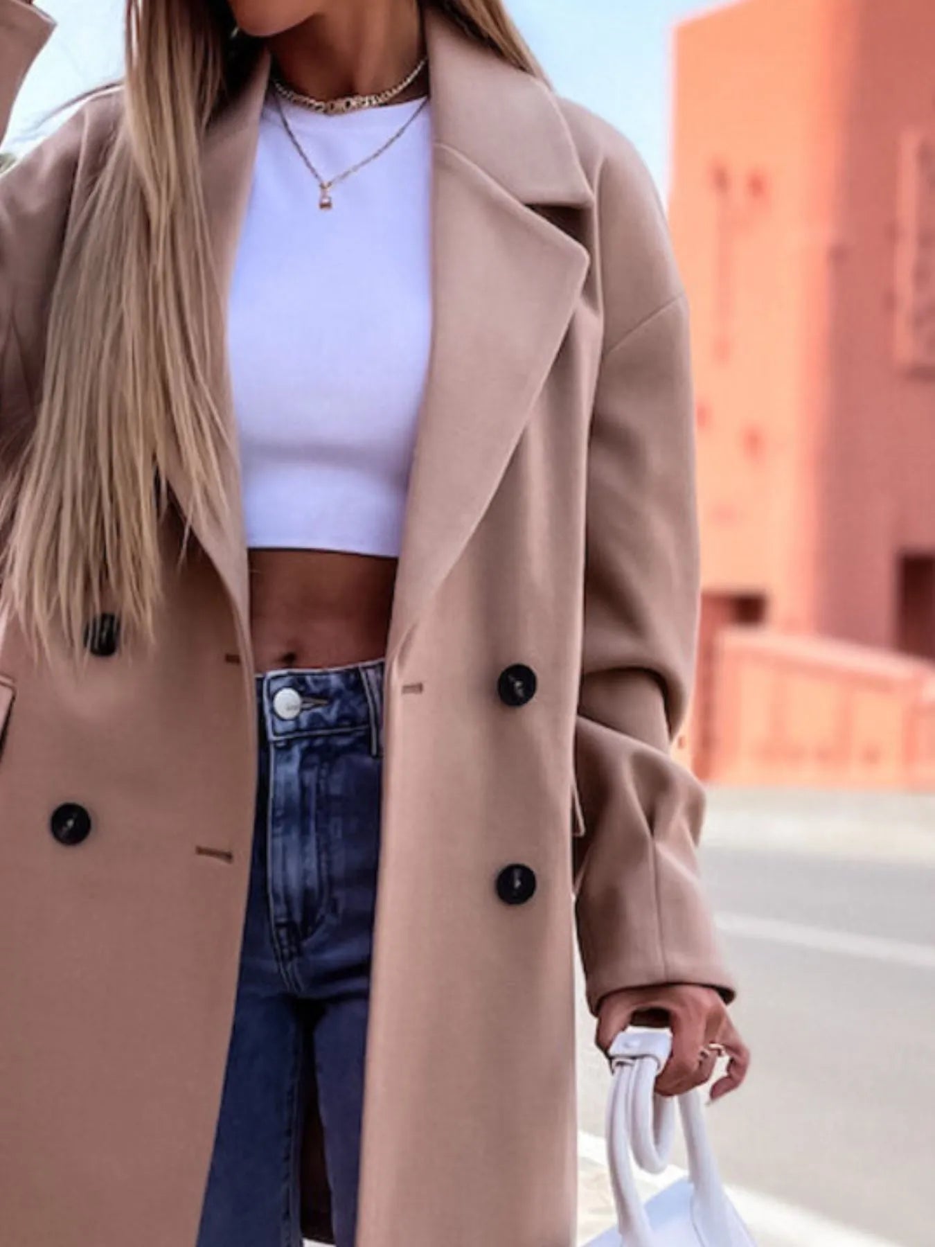 Full Size Double-Breasted Wool Coat Plus Size Trendsi