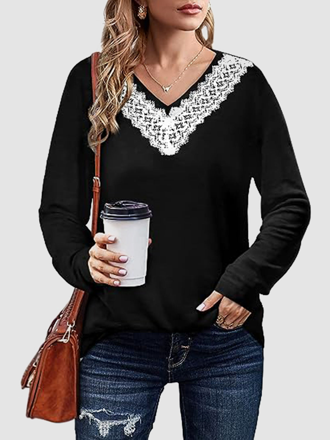 Outfit Flow - Lace Detail V-Neck Long Sleeve T-Shirt