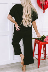 Outfit Flow - Heart Sequin Short Sleeve Top and Drawstring Pants Lounge Set