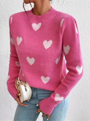 Heart Pattern Round Neck Sweater OutfitFlow