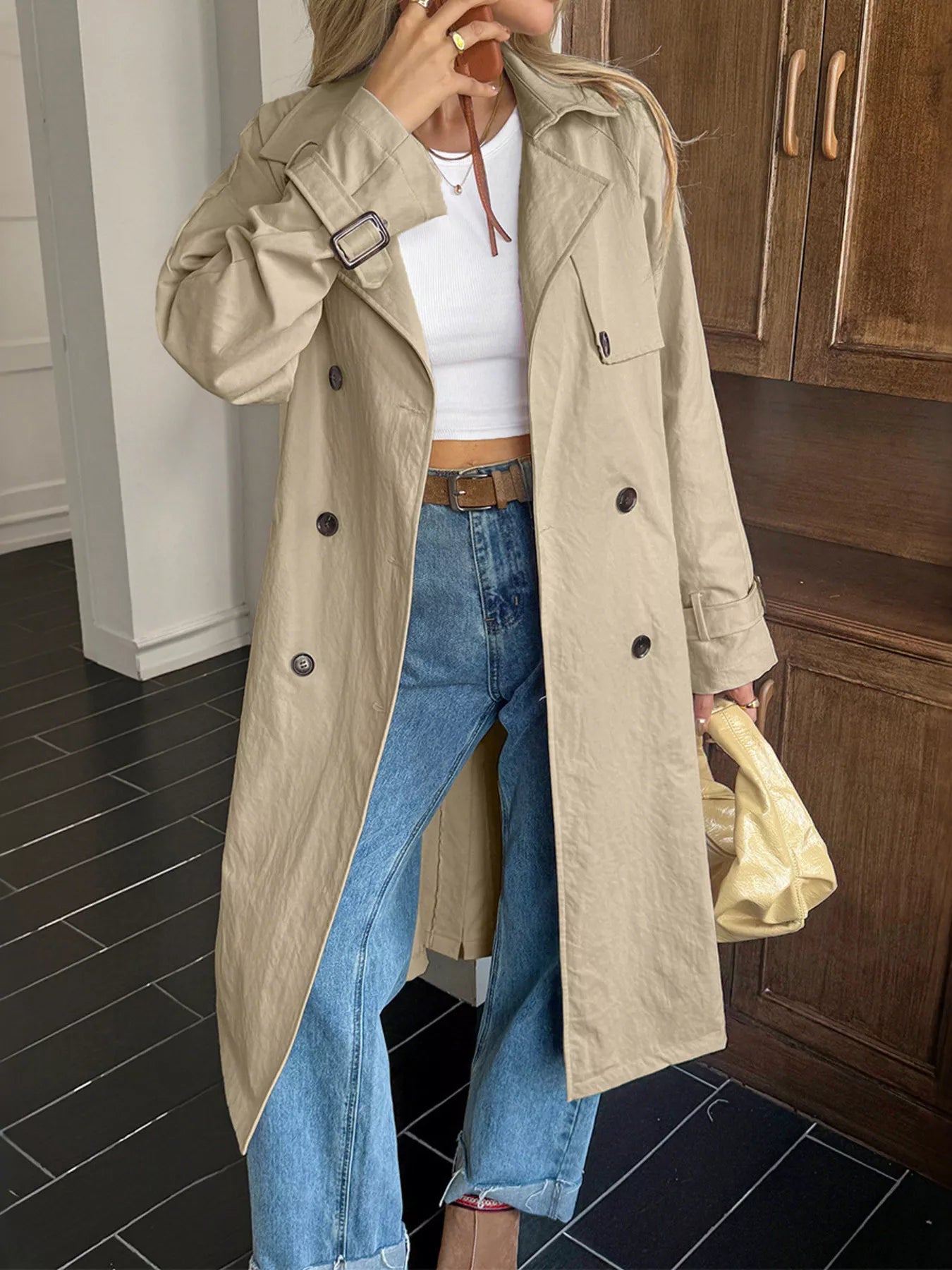 Double-Breasted Belted Trench Coat Khaki Trendsi